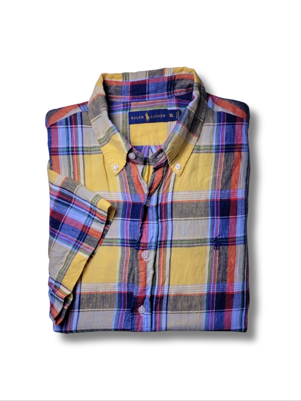 Ralph Lauren Yellow Madras Plaid 100% Linen Short Sleeve Button-Down Shirt XL
